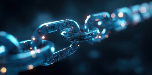 3D blue digital chain with binary code background representing blockchain technology, data security, encryption, and global network connection in modern digital cyberspace environment