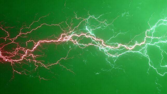 Vibrant green background with jagged red and white lightning bolts streaking across the frame. vivid