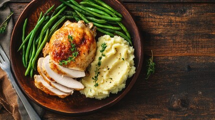 Golden Roasted Chicken Thigh with Mashed Potatoes and Green Beans, garnished with fresh thyme, served on a rustic plate on a dark wooden table, top view.