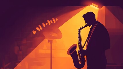 Silhouette of a jazz saxophonist playing under a warm spotlight on stage at a music club