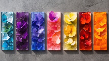 Seven vibrant resin blocks with preserved flowers, arranged in a rainbow color gradient on a textured grey surface.