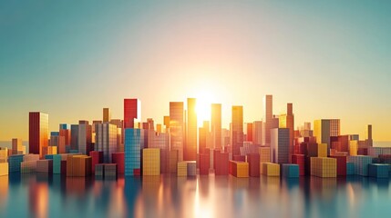 Abstract Modern Cityscape with Colorful Geometric Skyscrapers Reflecting in Water at Sunrise, representing Urban Development and Future Growth.