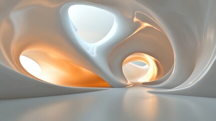 Modern Abstract Architectural Interior with Flowing Organic Forms and Glowing Orange Light