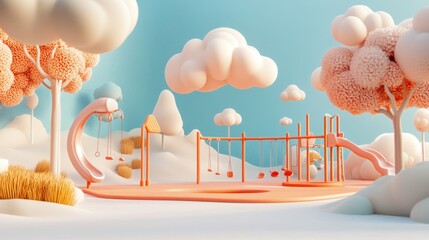 Whimsical Children's Playground Illustration with Slides, Swings, and Pastel Clouds in a Dreamlike Landscape