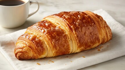 Freshly Baked Golden Croissant on a Linen Napkin with a Cup of Black Coffee for Breakfast