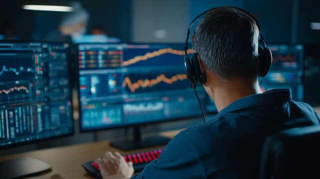 Medium shot of a fraud detection team member using AI software to monitor suspicious activities within online financial systems for potential scams.