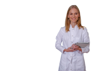 Young woman doctor or scientist smiling, holding digital tablet for healthcare and medical technology on transparent background