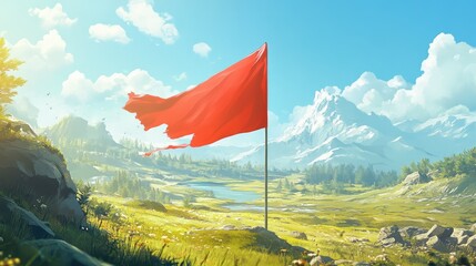 A red flag is flying in the sky above a grassy field