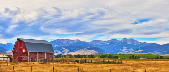 Panorama Red Barn With Wyoming Mountain Landscape And Dramatic Sky © Nicholas J. Klein