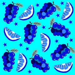 A cheerful, vibrant seamless pattern featuring bunches of blue grapes, citrus slices, and stars on a bright blue background, rendered in a contrasting, pop-art style.