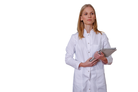 Woman professional doctor wearing lab coat holding tablet with confident expression on transparent background - Powered by Adobe