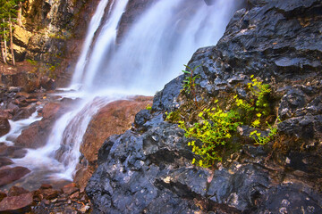 Waterfall Flow Over Rocky Cliff With Yellow Wildflowers In Lush Natural Setting