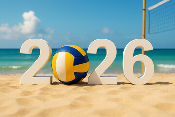 2026 with beach volleyball ball and net — summer sports background