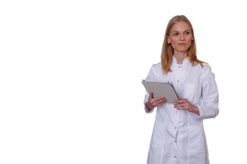 Female doctor or scientist in lab coat holding tablet, working in medical research or healthcare technology, transparent background