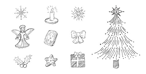 Hand drawn christmas tree, christmas symbols. Angel, stars. Fine outline, vintage style abstract drawing.