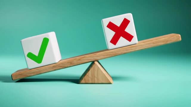 Wooden scale on a teal background featuring a check mark and cross symbol, embodying decision-making and comparison, in a concept about balance.