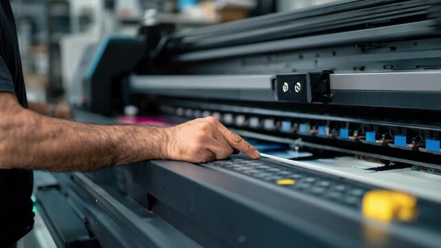 Medium shot of a technician finetuning a sleek printers calibration for precise print speed optimization focused on detailed delicate design work.