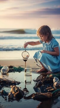 A young child in a blue dress enjoys discovering marine life in tide pools during sunset hours