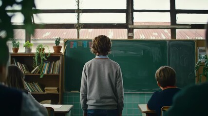 View of a boy standing in front of a green chalkboard in a school classroom with desks and students, bathed in natural light, wearing a gray sweater and jeans in turquoise room. - Powered by Adobe