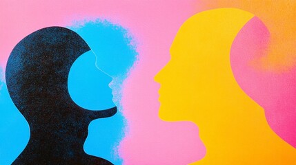 Artistic silhouette interaction with vibrant colors in abstract representation of communication and identity