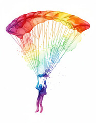 Isolated Rainbow Sports - Skydiver Silhouette Suspended By A Vibrant Parachute Demonstrating Fluid Dynamic Descent And Liberation.