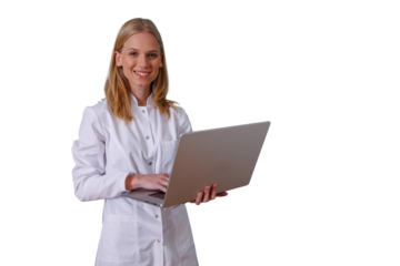 Female doctor or medical professional using laptop, smiling, working with technology, transparent background