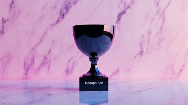 Black trophy with recognition inscription on a marble surface illuminated by purple and pink light