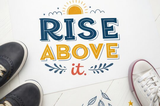 Inspiring text that reads Rise Above It with uplifting sun details