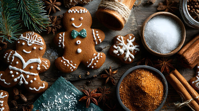 Directly above shot of decorated gingerbread cookies with spices on table. Homemade Christmas cookies - Powered by Adobe