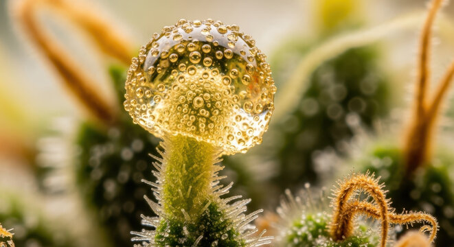 Close-up of resin gland cap on cannabis trichome for alternative medicine, wellness products, and pharmaceutical research