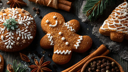 Directly above shot of decorated gingerbread cookies with spices on table. Homemade Christmas cookies