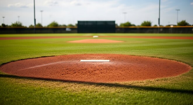 Baseball Field Pitchers Mound Focus on Home Plate.