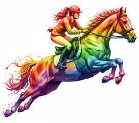 Isolated Rainbow Sports - A Dynamic Woman Equestrian Jumping Watercolor Spectacle With Fluid Dynamics And Crystalline Structure