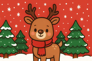 Obraz premium Cute cartoon reindeer in a snowy winter forest, Christmas holiday illustration