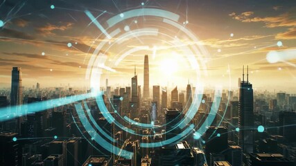 A cityscape with a geometric overlay at sunset featuring warm lighting, modern architecture, tall buildings, and a futuristic technology interface for network connections. - Powered by Adobe
