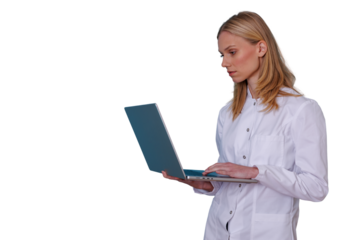 Woman doctor or scientist using laptop for medical research and healthcare data analysis on transparent background