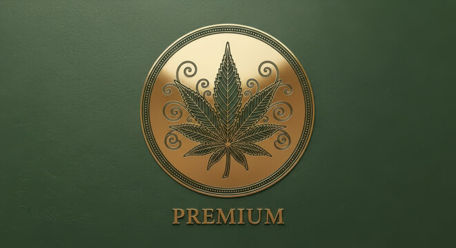Elegant gold cannabis emblem for premium product mockup, stylish cannabis illustration, luxury design for marijuana product promotion
