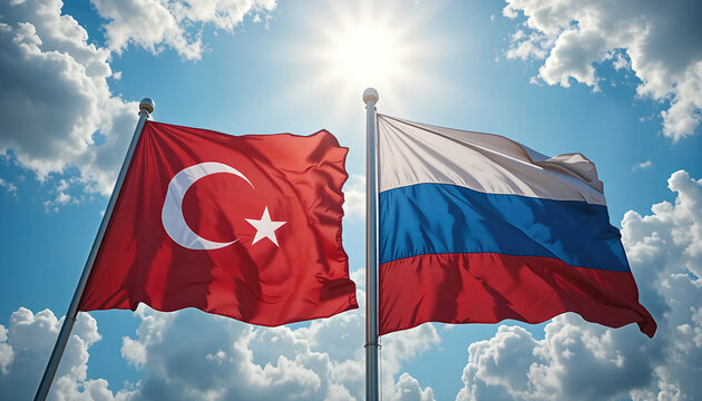 Turkey and russia flags displayed together in a scenic outdoor setting symbolizing unity and diplomacy