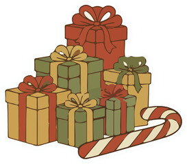 Festive gift boxes and candy cane illustration for Christmas