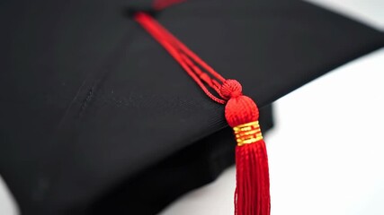 Detailed close-up of a black graduation cap with a red tassel, symbolizing academic achievement, education, and success, set against a clean white background. Perfect stock photo for academic themes.