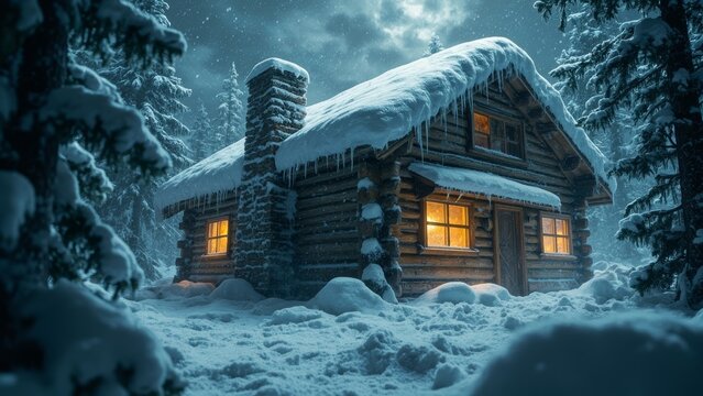Cozy Log Cabin Buried in Snow with Warm Light Glowing from Windows on a Winter Night

Description
A quintessential winter wonderland scene capturing a charming, rustic log cabin deep in a pine forest 
