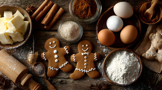 Gingerbread Man Creation - Gingerbread men being made on a table with baking tools and ingredients.