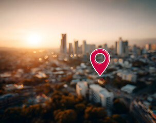 Red location pin hovers over blurred cityscape at sunset, symbolizing travel destination and urban exploration with a warm, inviting glow.