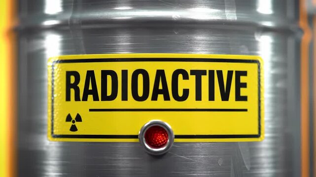 A silver barrel with a yellow RADIOACTIVE label. A red light blinks, emphasizing the dangerous contents within, set against a neutral backdrop.