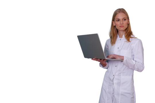 Professional woman doctor or scientist wearing a white lab coat, holding and typing on a laptop, standing with transparent background