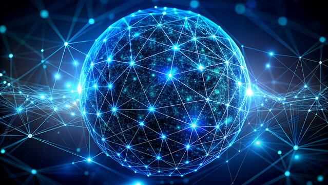 Abstract network sphere with glowing nodes and connections representing global communication and data transfer ideal for technology and science concepts