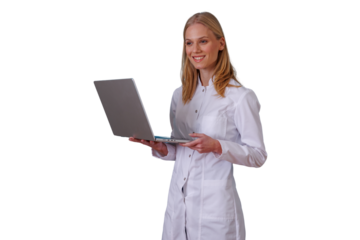 Female doctor controlling medical data on laptop, providing healthcare technology and digital solutions, transparent background