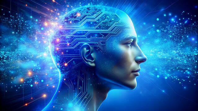 Human head with glowing circuit patterns representing artificial intelligence and the future of technology on a blue background - Powered by Adobe