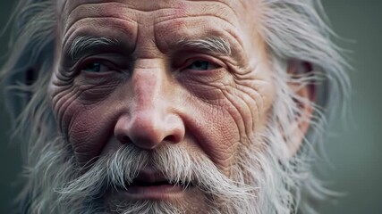Detailed close-up portrait of an elderly man featuring white hair, blue eyes, and snowflakes on his hair showcasing rich skin texture. The dark background emphasizes the man's aged features