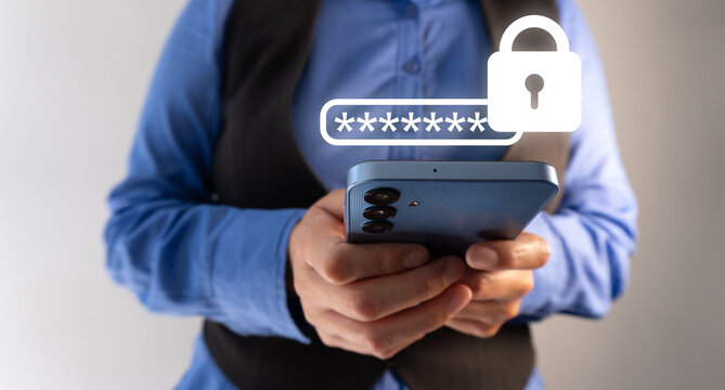 Password protection. Businesswoman holding a smartphone with padlock icons and encrypted password.